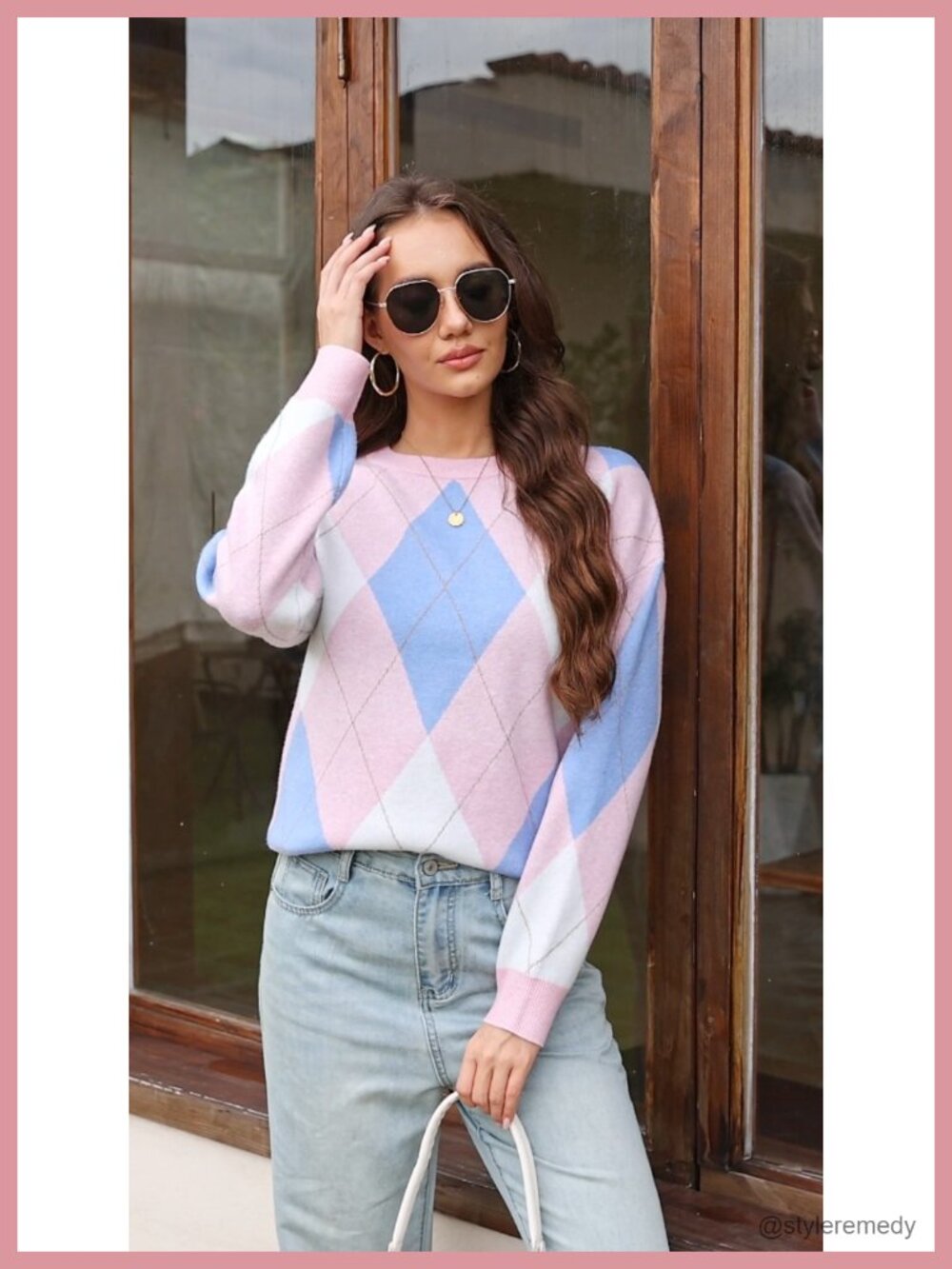 Women's Argyle Knit Pullover Sweater Long Sleeve Crewneck Loose Fit Top - Picture 6 of 6